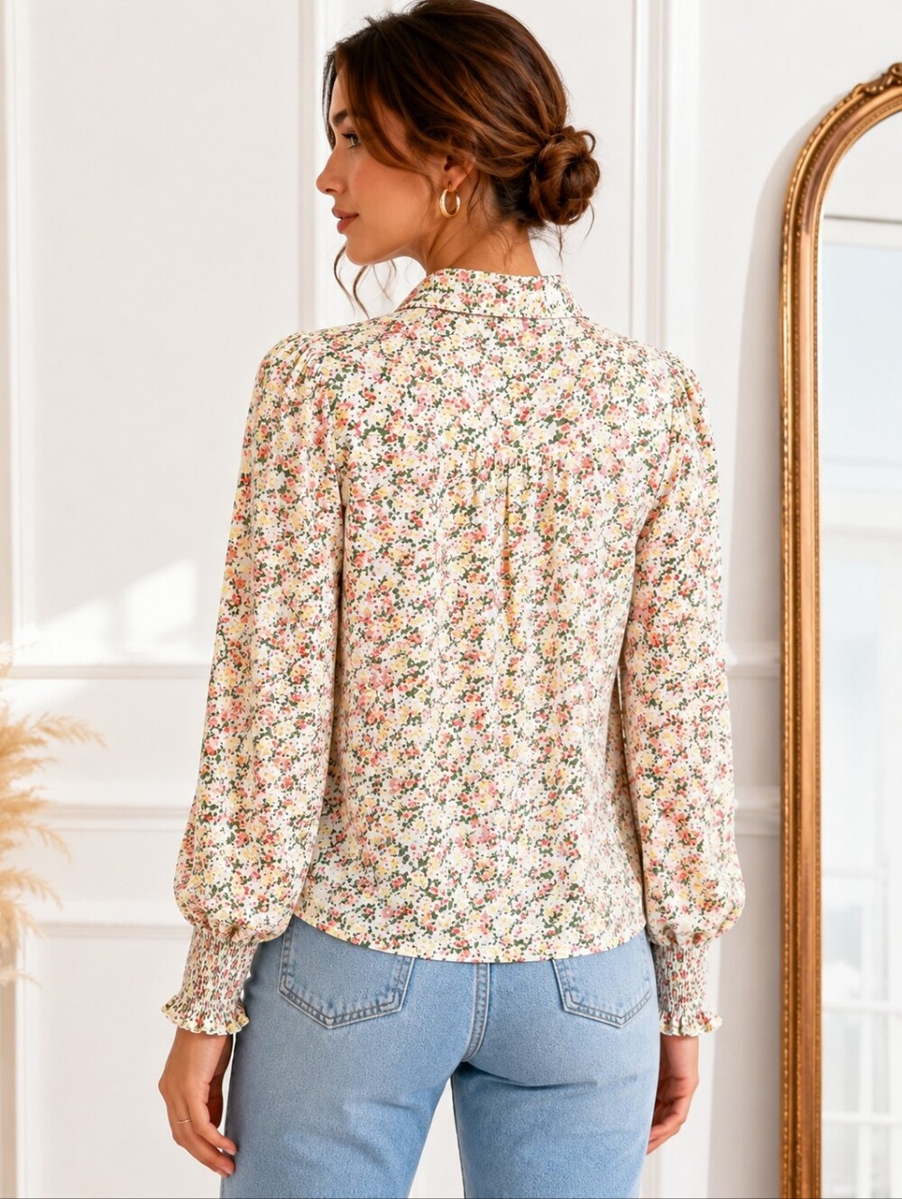 Levi's Floral Button Front Blouse Medium Cottagecore Smocked Cuffs Puff Sleeve - Picture 2 of 9